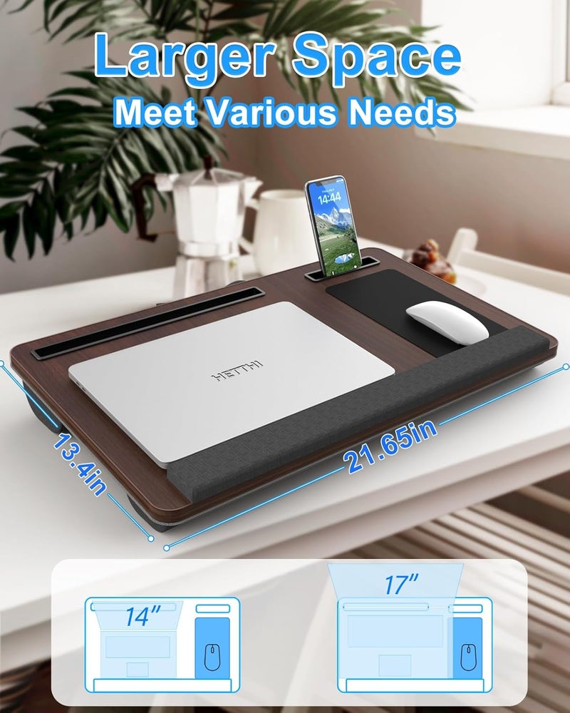 HETTHI Laptop Lap Desk, Portable Large Laptop Desk for Bed, Up to 17 in Lap Table with Wrist Rest, Mouse Pad, Tablet Phone Slot, Portable Handle, Lap Tray with Cushion (Dark Brown) - Image 2